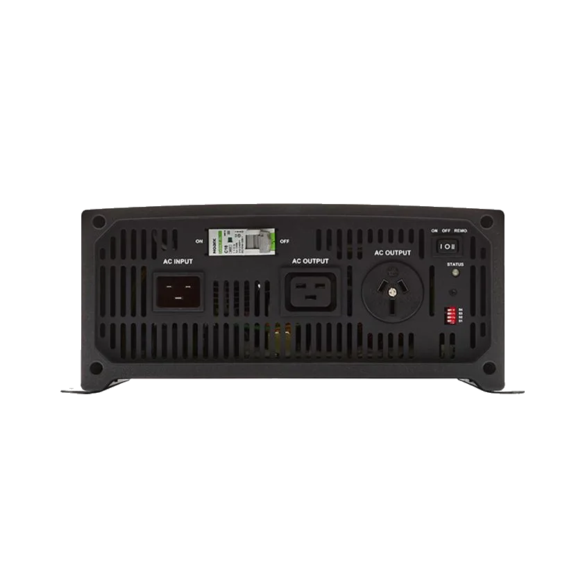 Front panel of the REDARC RS3 3000W inverter, showing the RCD breaker, IEC AC input, IEC C19 and 15A GPO outputs, status light and on/off/remote switch
