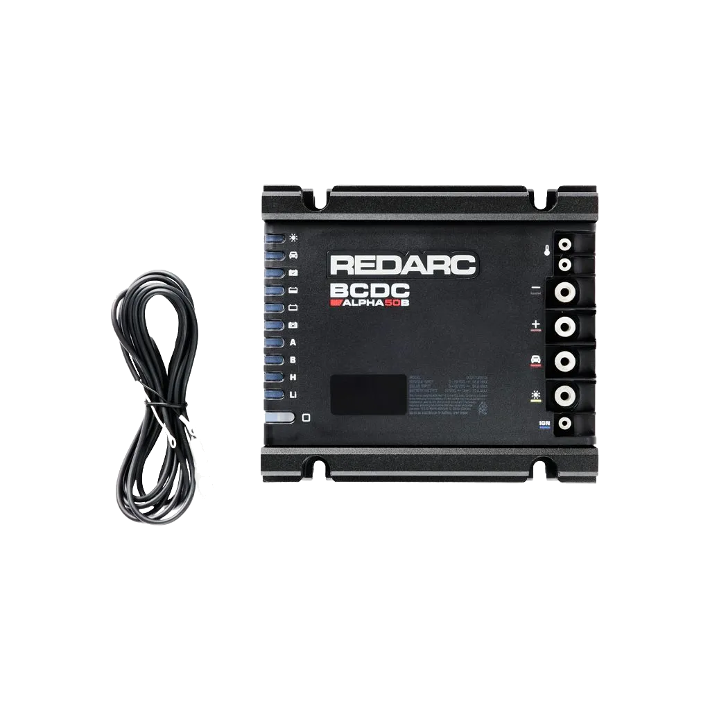 Redarc BCDC Alpha25 12V 25A DC-DC charger with Bluetooth, front view