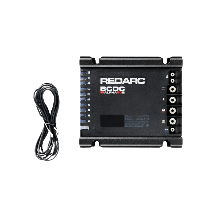 Redarc BCDC Alpha50 top view showing terminal layout and pushbutton interface