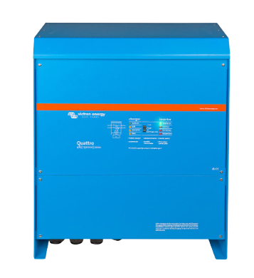 Front view of a large-case Victron Quattro, the full-width orange band sitting above the charger and inverter status legend