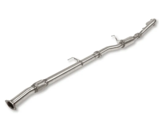 Full length of a stainless DPF-back exhaust laid out at an angle, showing the flexible braided joint near the front, the centre resonator and the rear muffler