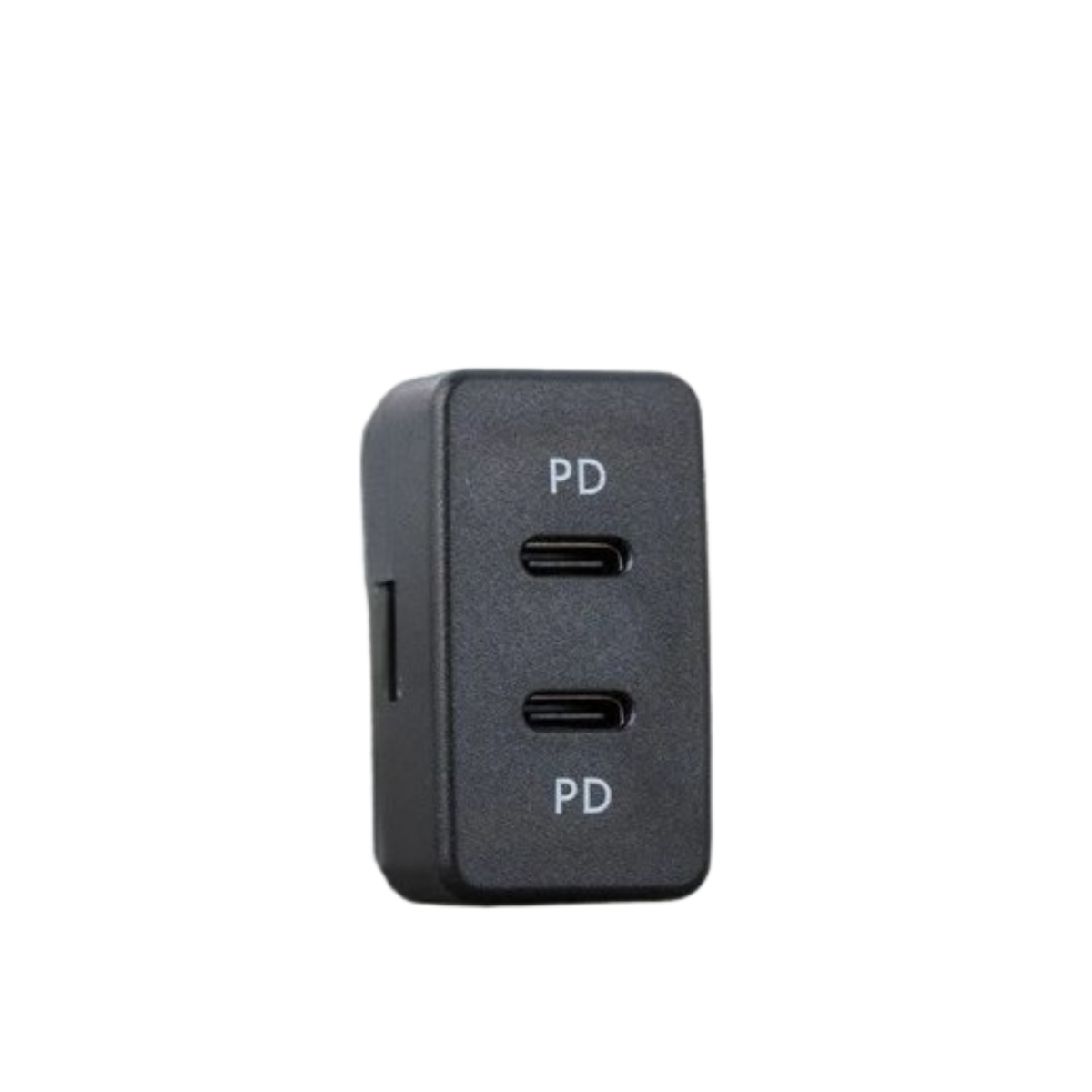 Toyota-fit dual USB-C charger, the black face carrying two USB-C ports each marked PD, with the body extending back behind the panel
