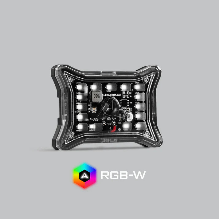 ALTIQ Spectrum Pro rock light face on with the lens clear, showing the surface-mount LEDs arranged around the board and the ALTIQ.COM.AU marking, with an RGB-W badge below the light