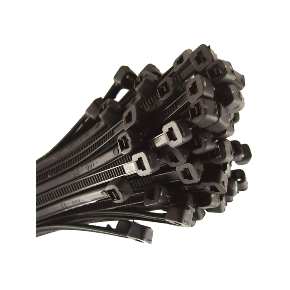 A bundle of black nylon cable ties fanned out, showing the ratchet heads and the moulded size marking along the straps