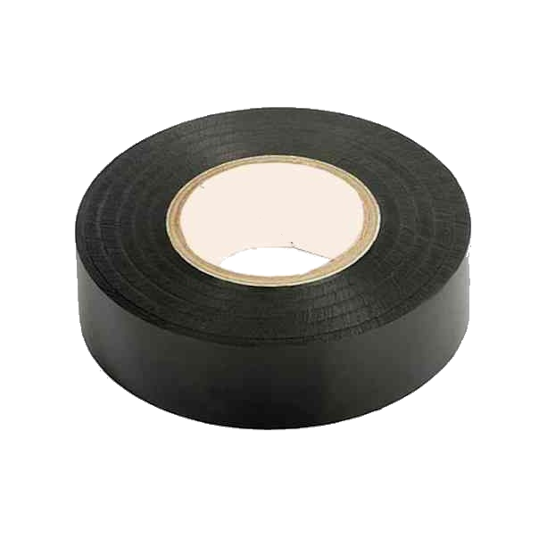 Roll of black PVC electrical tape standing on its side, the wound edge showing against a pale cardboard core