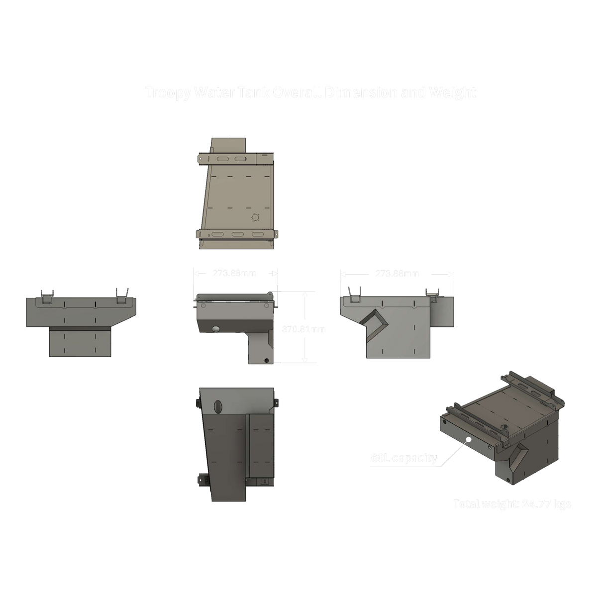 Toyota Land Cruiser 78 Series stainless water tank overall dimensions and weight drawing