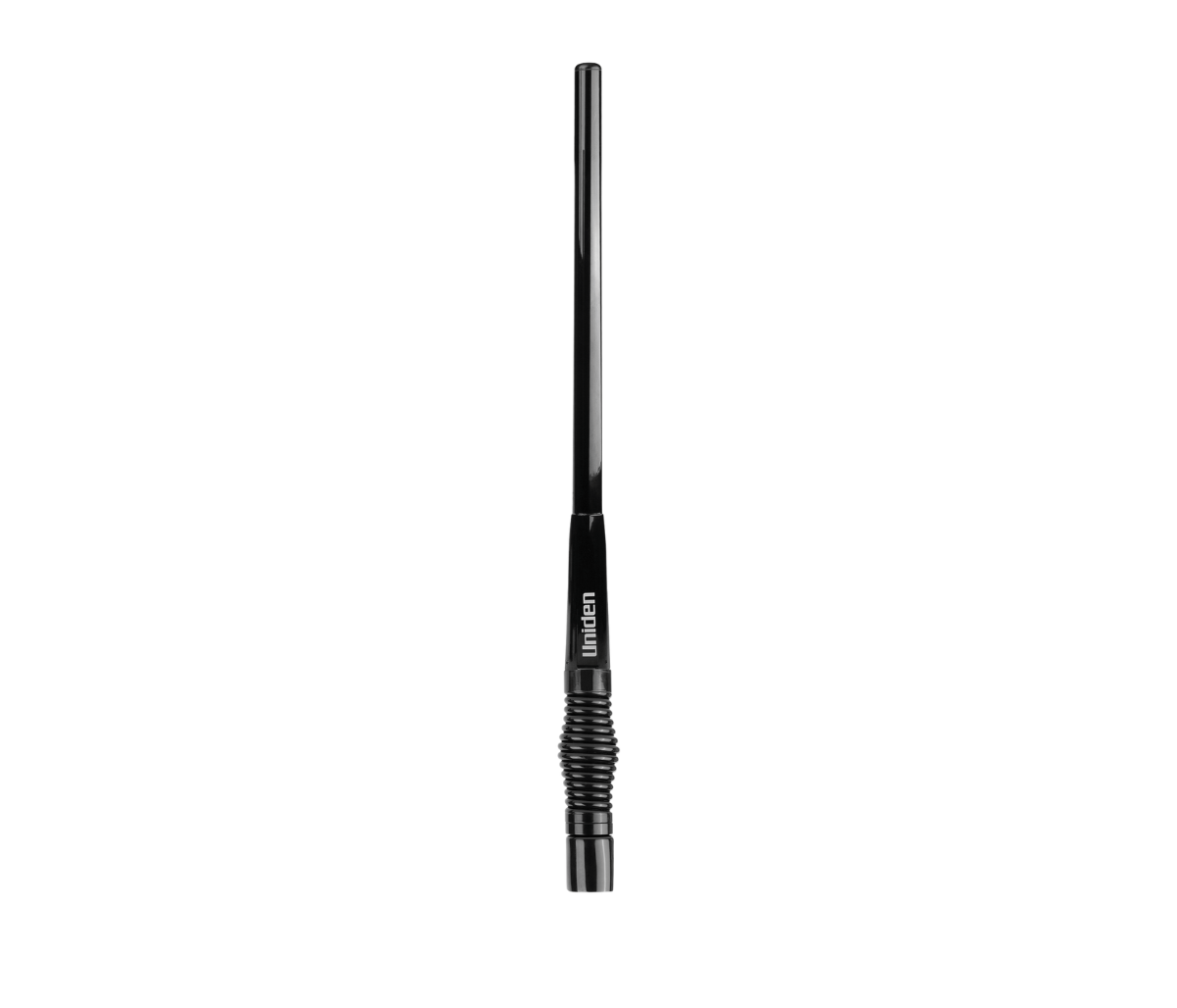 A Uniden UHF antenna whip standing upright against white, black gloss finish with the coiled spring section and threaded base at the bottom and the Uniden name on the shaft
