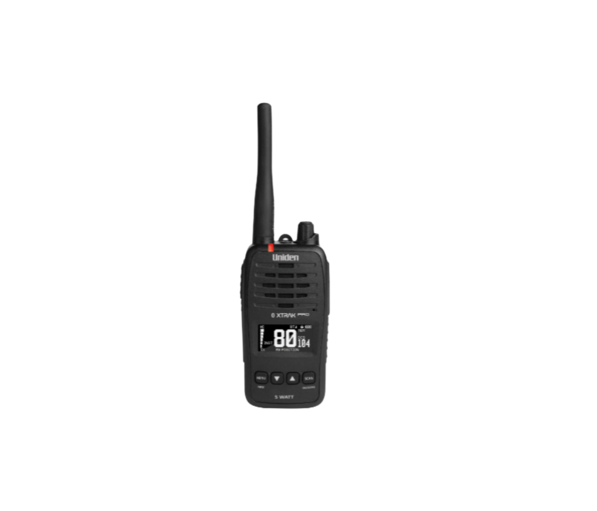 Uniden XTRAK 50 Pro handheld UHF radio standing upright, the flexible antenna above the speaker grille and the screen showing channel 80 with the DCS code 104, 5 WATT marked below the keypad