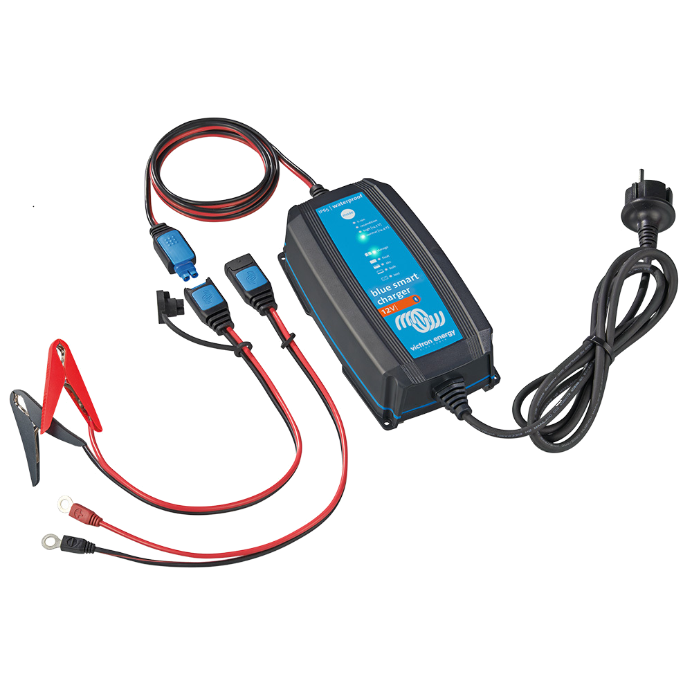 A Victron Blue Smart IP65 Charger with built-in Bluetooth, featuring red and black crocodile clips and a power cable.