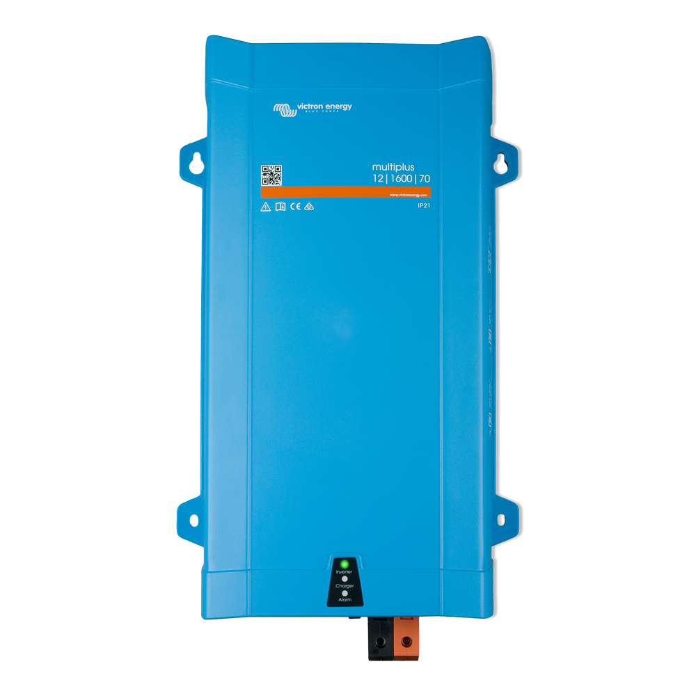 A blue Victron Energy power inverter with a QR code and model details on the label.
