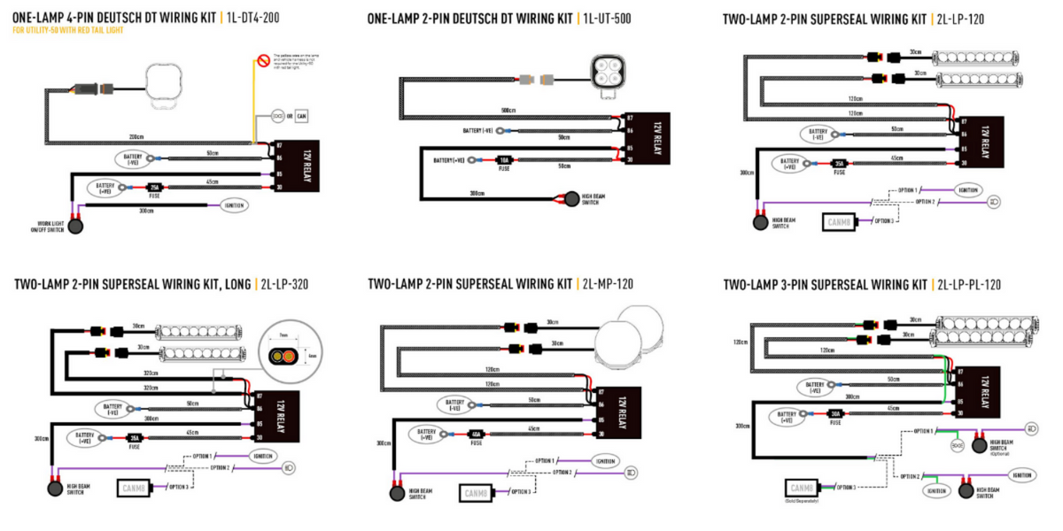 Wiring kit diagrams for automotive or electronic applications.