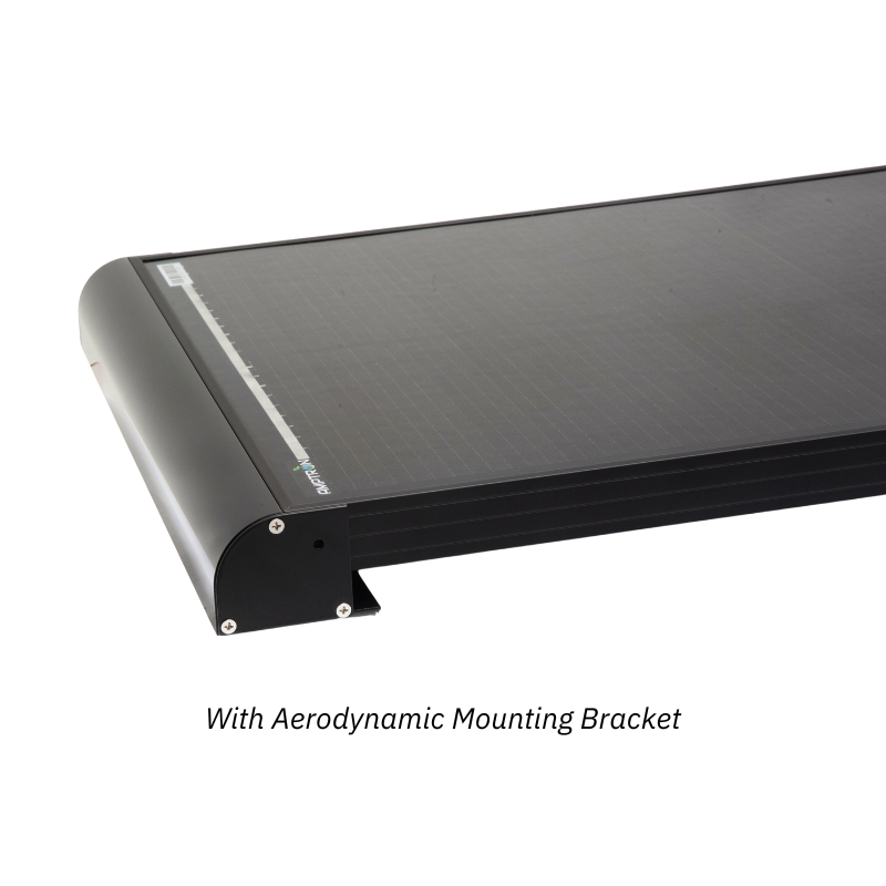 Corner of the panel fitted with the aerodynamic mounting bracket, the curved extrusion screwed to the frame so the leading edge sits flush and low