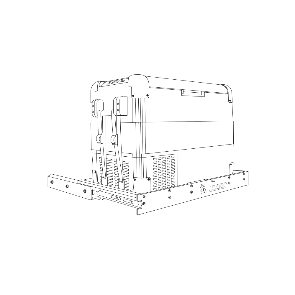 Line drawing of a fridge strapped to an MSA straight slide, drawn from a rear three-quarter angle, showing the strap routing over the fridge, the slide rails and the front panel with its locking lever