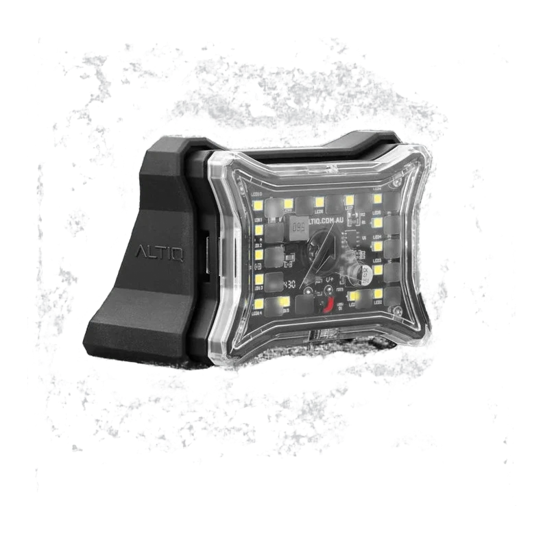 ALTIQ 30 degree angle mount fitted behind a Spectrum Pro rock light, the black moulded wedge carrying the ALTIQ name with the light seated on its face