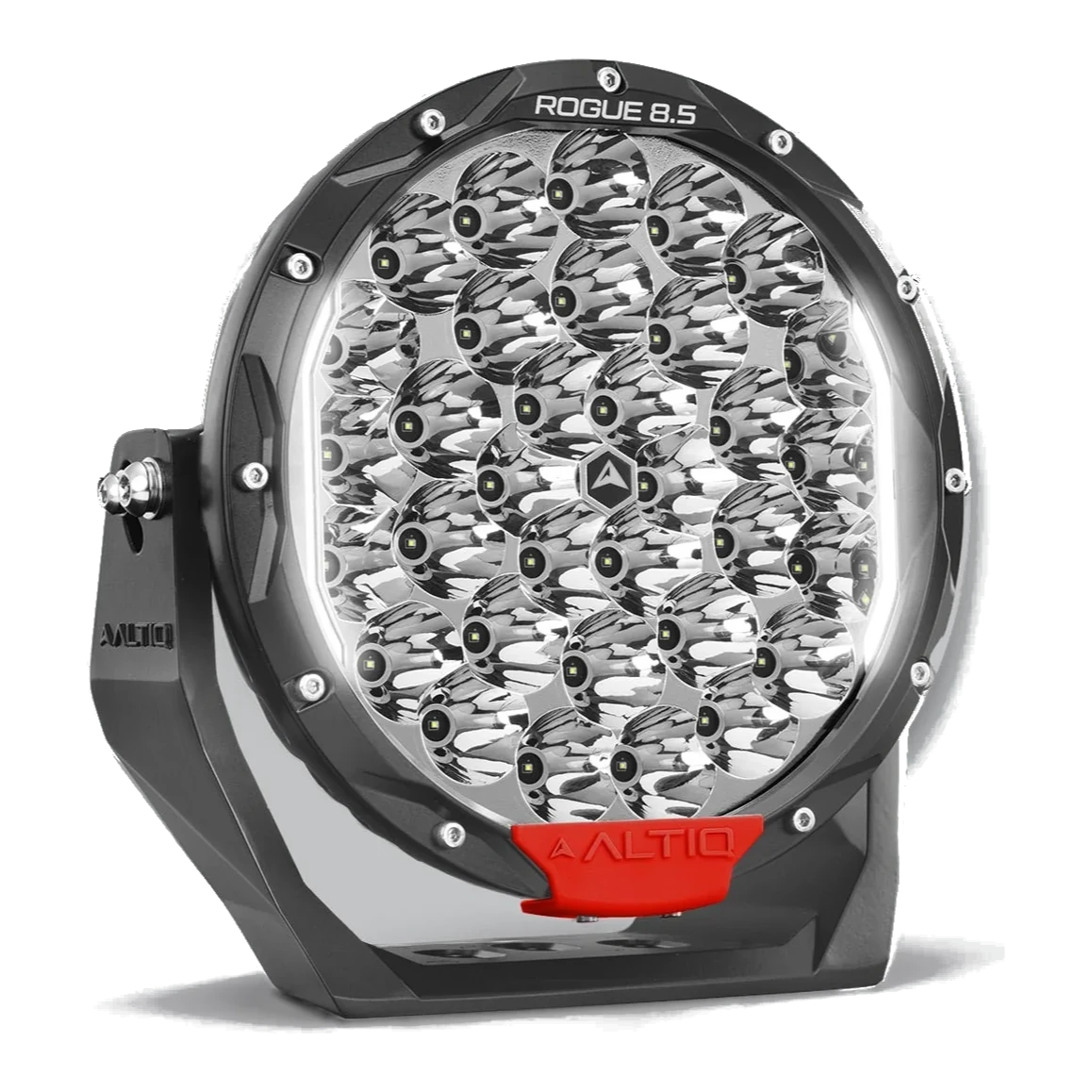 ALTIQ Rogue 8.5 Mk3 LED driving light at an angle, showing the reflector face, alloy bracket and red trim