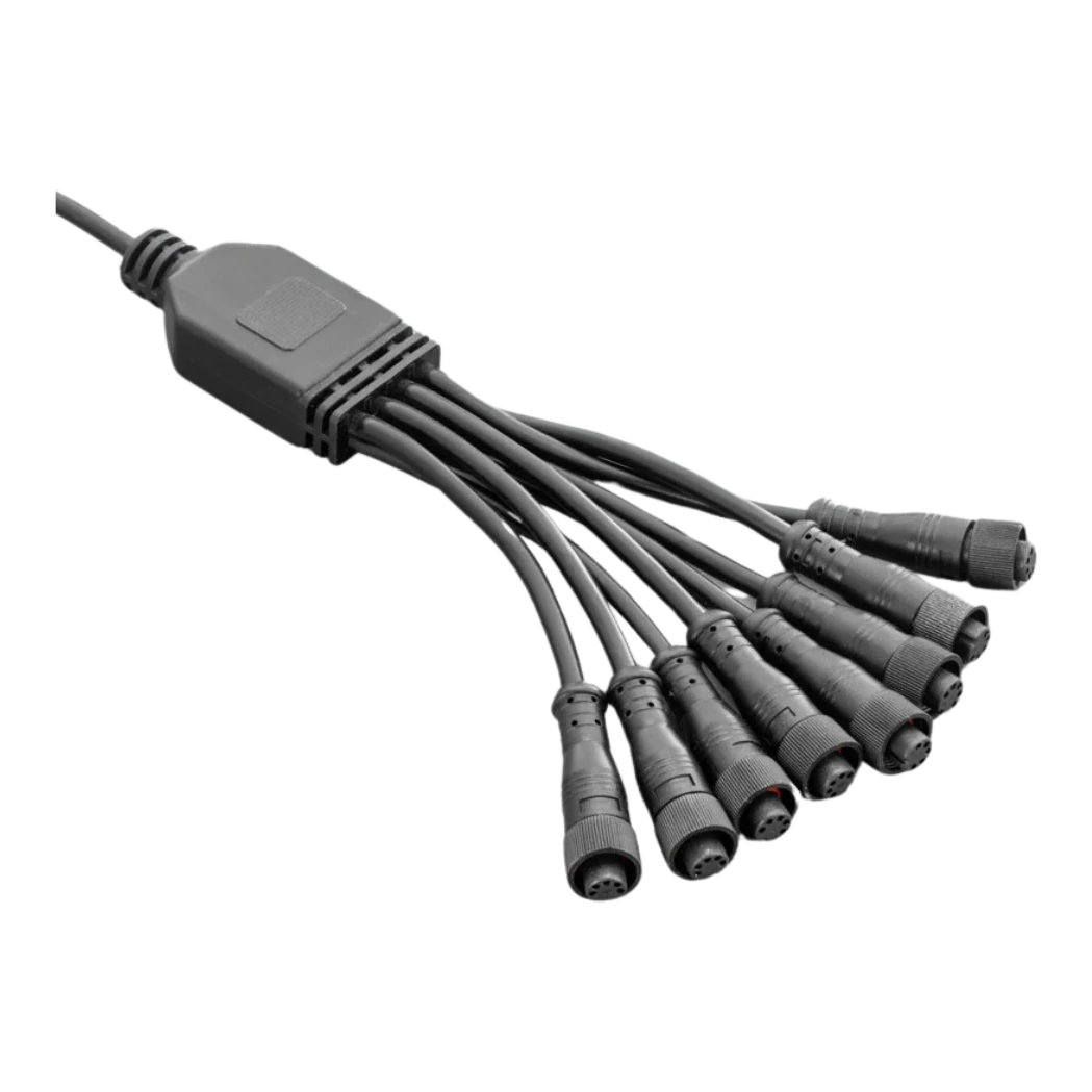 The same eight-way rock light splitter loom on a white ground, showing the moulded junction block and the eight threaded weatherproof connectors