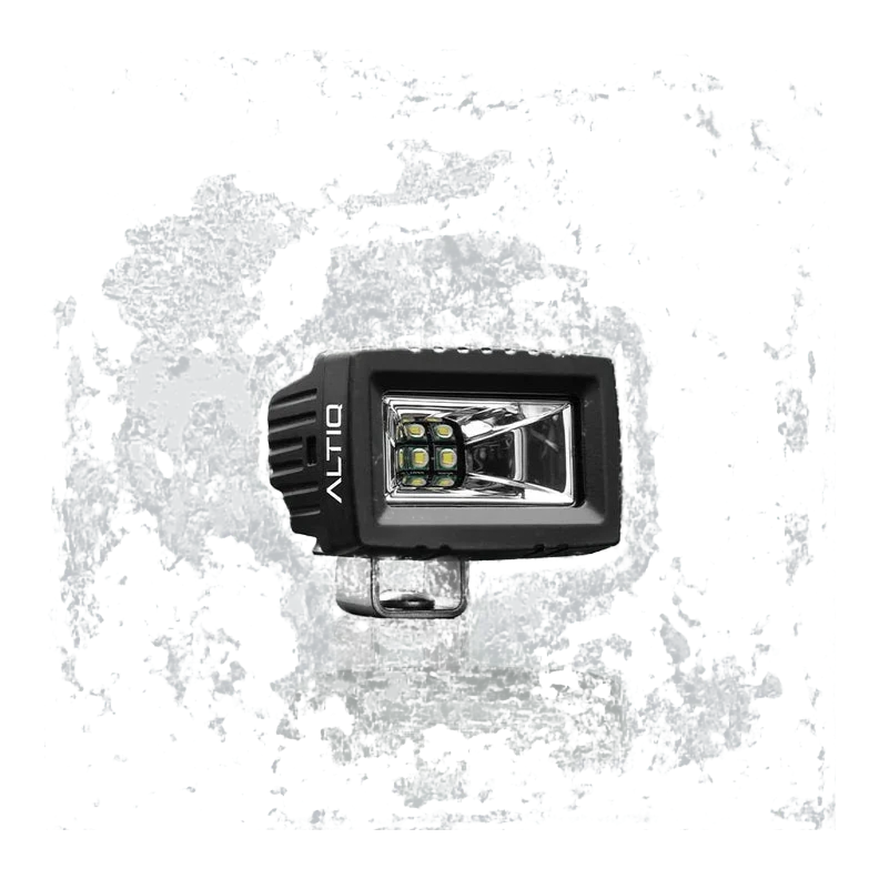 ALTIQ CX2 work light face on, the ALTIQ name on the left cheek of the housing and a rectangular reflector holding a block of six LEDs