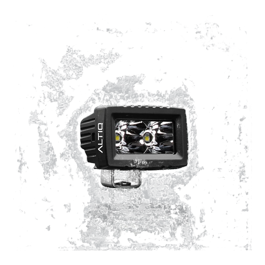 ALTIQ CX2 spot work light face on, a rectangular reflector holding two deep spot optics with a single LED in each, the ALTIQ name on the left cheek
