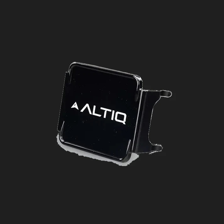 Black DX4 blackout cover at a three-quarter angle, the ALTIQ name and arrow on the gloss face with one side skirt turned toward the camera