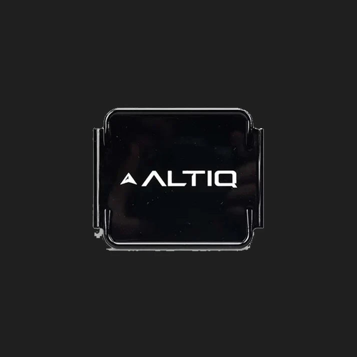 Black DX4 blackout cover square on, the gloss face carrying the ALTIQ name and arrow with the retaining skirts visible at each side