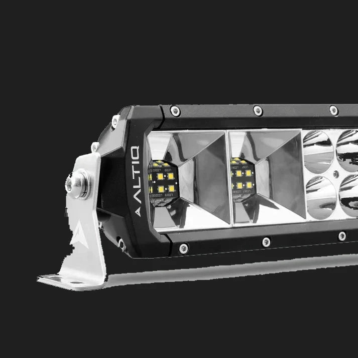 End of the double row hybrid light bar, showing two rectangular flood optics with dense LED blocks at the near end and round spot reflectors beyond, with the ALTIQ name on the end cap and a stainless side bracket