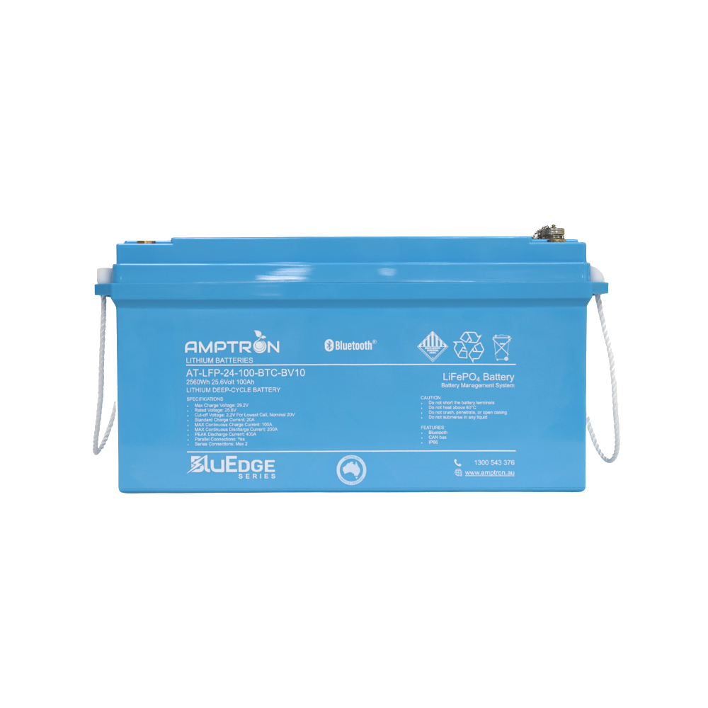 The BluEdge 24V 100Ah battery square on, the label listing max charge voltage 29.2V, standard charge 20A, max continuous charge 100A, max continuous discharge 200A, peak discharge 400A, parallel connections yes and series max two, with Bluetooth, CAN bus and IP65