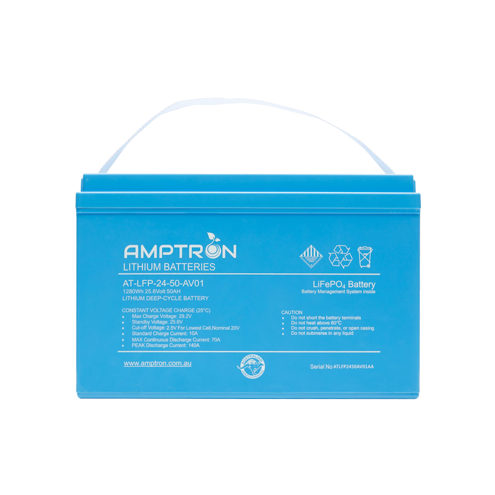 The 24V 50Ah battery square on, the label listing max charge voltage 29.2V, standby 25.6V, cut-off 2.5V per cell nominal 20V, standard charge 10A, max continuous discharge current 70A and peak discharge 140A
