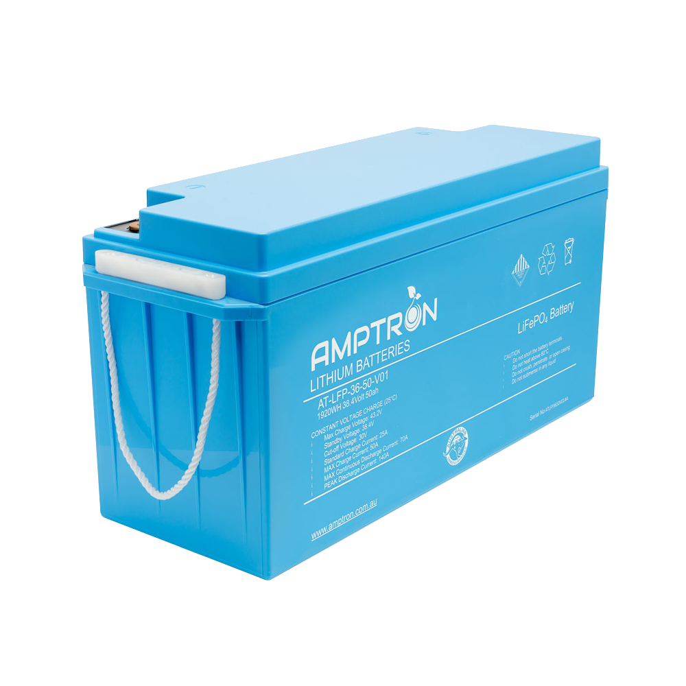 The 36V 50Ah Amptron battery at a three-quarter angle, the tall narrow blue case with a rope carry handle and the specification panel across the front
