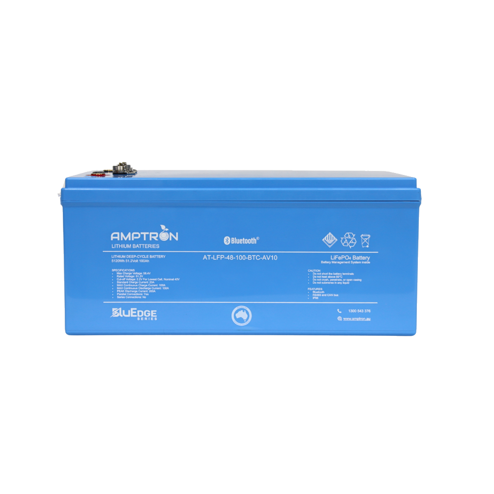 The BluEdge 48V 100Ah battery square on, the label listing max charge voltage 58.4V, rated 51.2V, cut-off 2.2V per lowest cell nominal 40V, standard charge 20A, max continuous charge 100A, max continuous discharge 100A and peak discharge 200A, with Bluetooth, RS485 and CAN bus and IP66