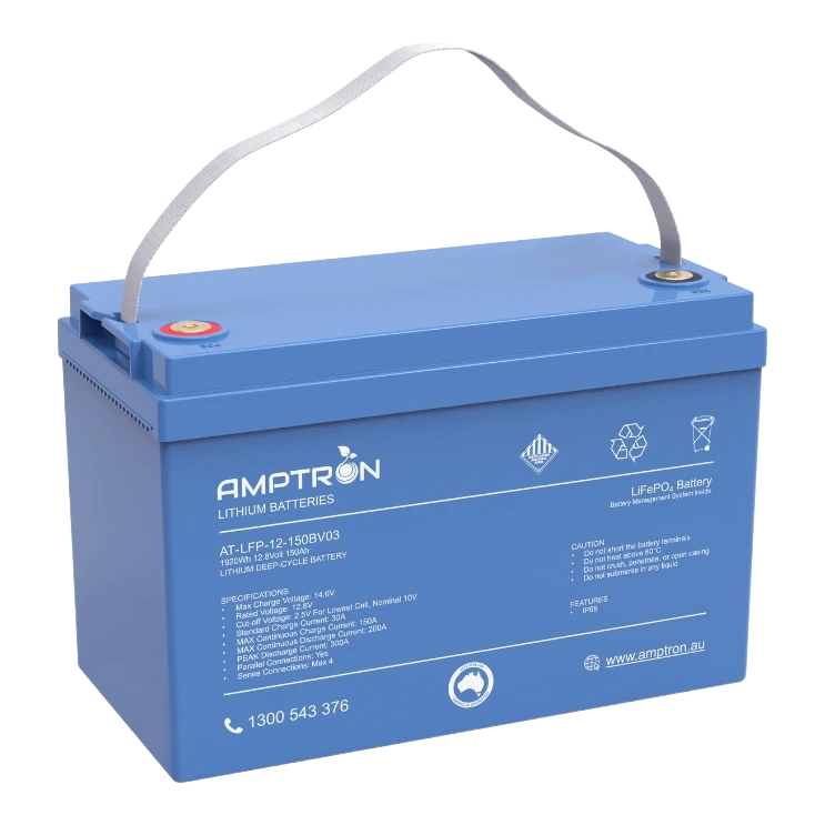 Amptron lithium battery with its carry strap raised, the label reading AT-LFP-12-150BV03, 1920Wh, 12.8 volt 150Ah, with max continuous discharge 200A and peak discharge 300A listed in the specification block