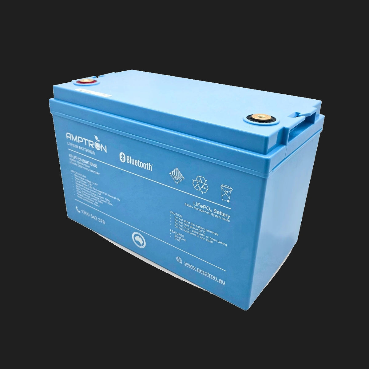 Amptron lithium battery with its carry strap raised, the label reading AT-LFP-12-150BV03, 1920Wh, 12.8 volt 150Ah, with max continuous discharge 200A and peak discharge 300A listed in the specification block