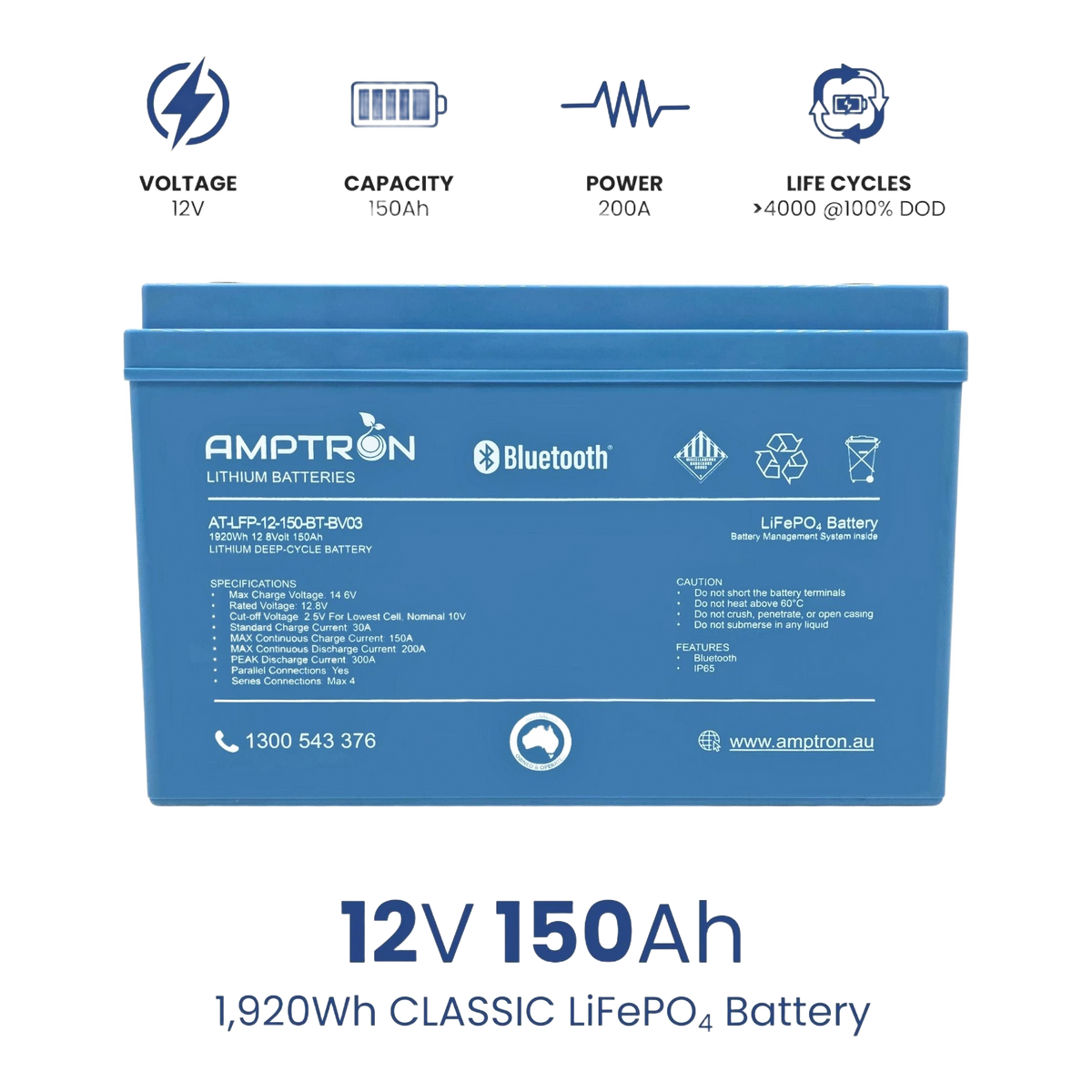 Specification panel for the Amptron AT-LFP-12-150-BT-BV03: 12 volts, 150Ah, 200A, over 4000 life cycles at 100 per cent depth of discharge. The label lists max charge voltage 14.6V, standard charge 30A, max continuous charge 150A, max continuous discharge 200A, peak discharge 300A, parallel connections yes, series max four, Bluetooth and IP65