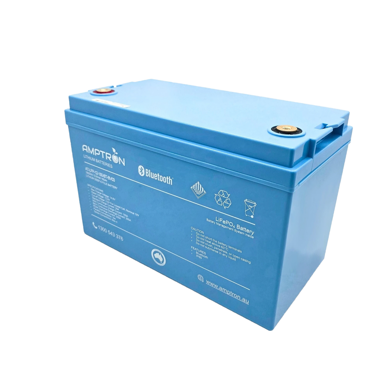 The Amptron 150Ah battery from a front corner, showing the depth of the blue case, the recessed brass terminals on top and the specification label on the front face