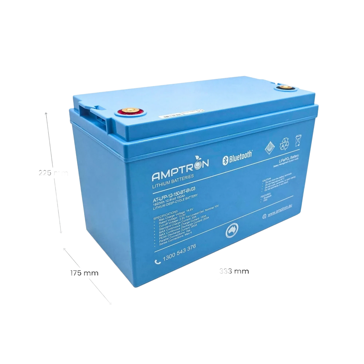 Dimension panel for the Amptron 150Ah battery: 333mm long, 175mm deep and 225mm tall, weight 16kg, shown against the blue case with its recessed terminals and specification label