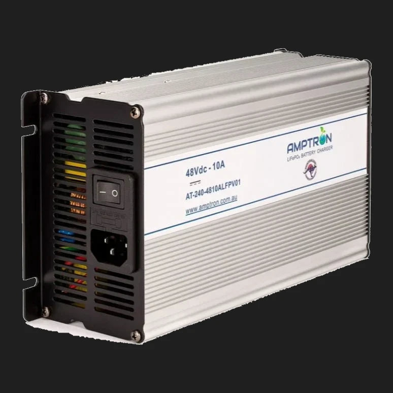 The same 48V 10A charger from the other side, showing the ribbed aluminium body, the fuse holder beside the IEC inlet and the full-length mounting flange