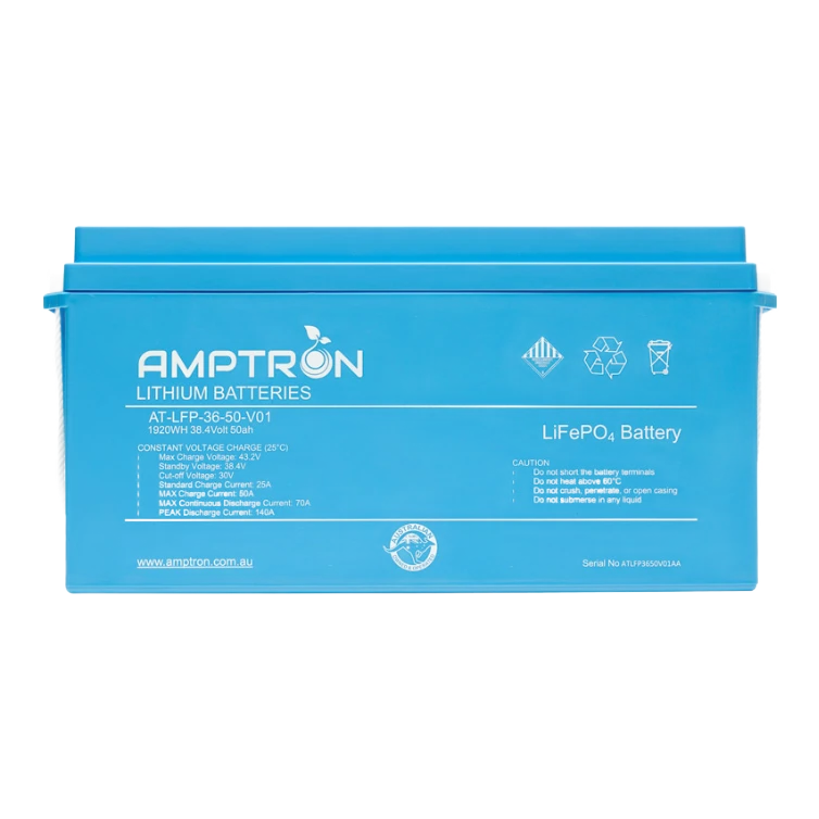 Amptron AT-LFP-36-50-V01 lithium battery face on, 1920Wh 38.4 Volt 50Ah, the label listing max charge voltage 43.2V, standby 38.4V, cut-off 30V, standard charge 25A, max charge 50A, max continuous discharge 70A and peak discharge 140A