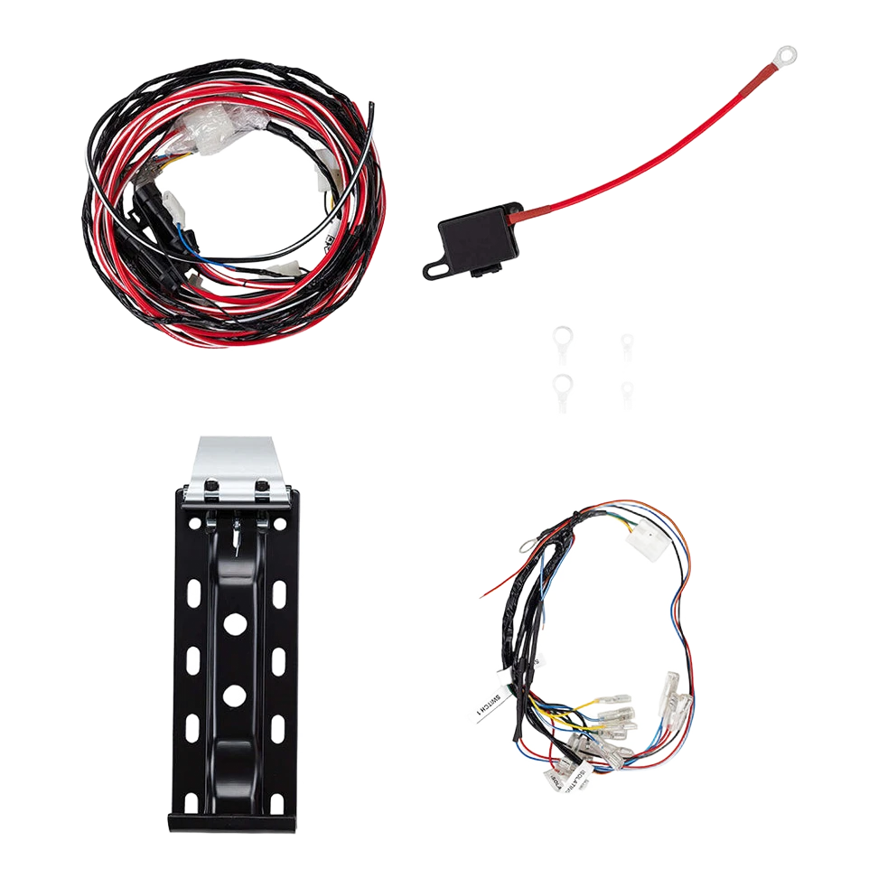 The compressor fitting kit laid out: the main wiring loom, a battery lead with in-line fuse holder and ring terminal, four ring terminals, the black powder-coated mounting bracket and the switch harness with its labelled tails