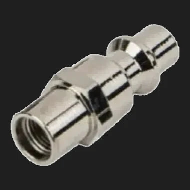 Nickel-plated hose coupling with a female thread at one end and a stepped male quick-connect nipple at the other