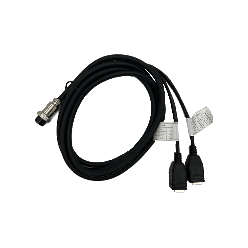 BluEdge CAN and RS485 communication adaptor cable, a black lead with a screw-lock aviation connector at one end branching to two RJ45 plugs at the other, each labelled with its pin assignments