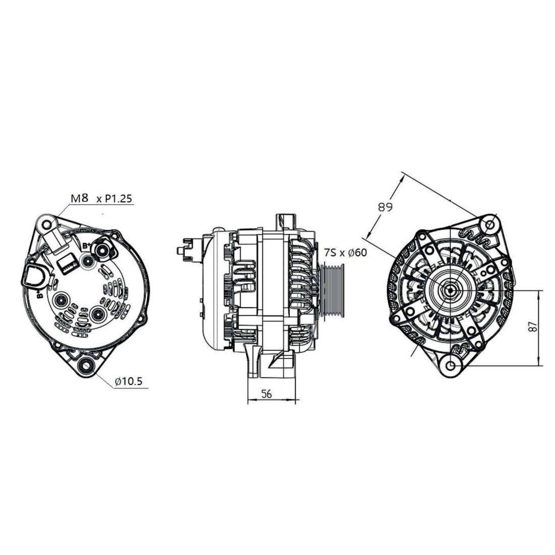 Dimensioned drawing of the BKS-240DMAX showing the M8 top mount, 10.5mm bottom mount hole, seven groove 60mm pulley and overall case dimensions