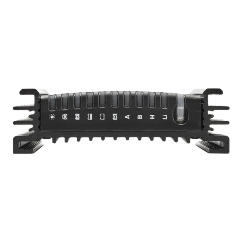 Edge-on view of the Alpha50 R, the row of connector positions along the front face each marked with its own icon, between the cast end brackets