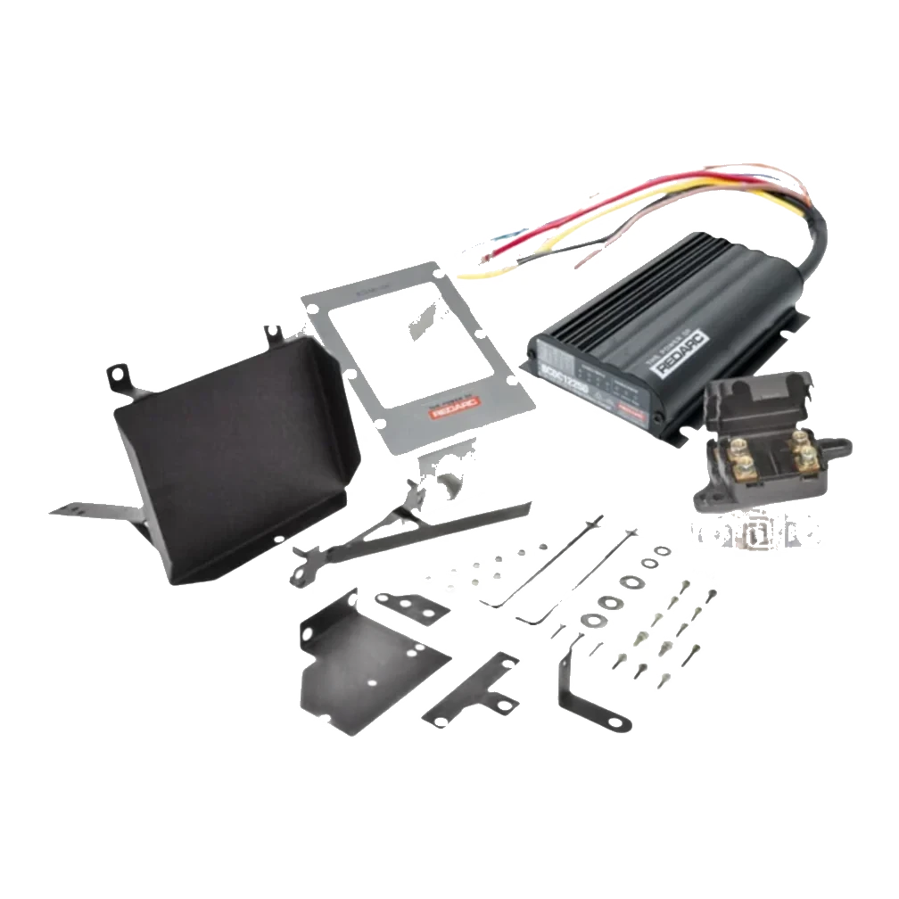 Under bonnet dual battery kit contents for the Holden Colorado and Colorado 7 RG 2.8 turbo diesel, showing the REDARC BCDC1225D charger, stainless bracket, battery tray, fuses and wiring