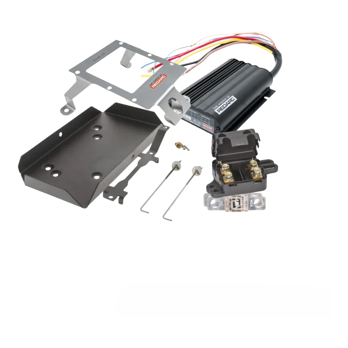 REDARC BCDC1225D charger, stainless bracket, battery tray, fuse holder and mounting hardware supplied in the LandCruiser 200 Series under bonnet kit