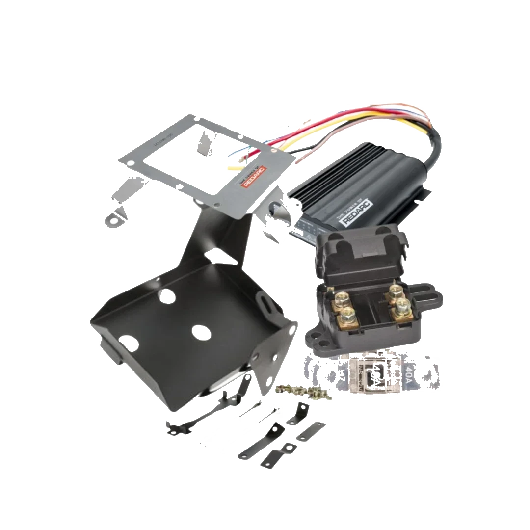 Under bonnet dual battery kit for the Toyota LandCruiser laid out: REDARC BCDC1225D charger with wiring loom, stainless charger bracket, black battery tray, twin midi fuse holder, 40A midi fuses and mounting hardware