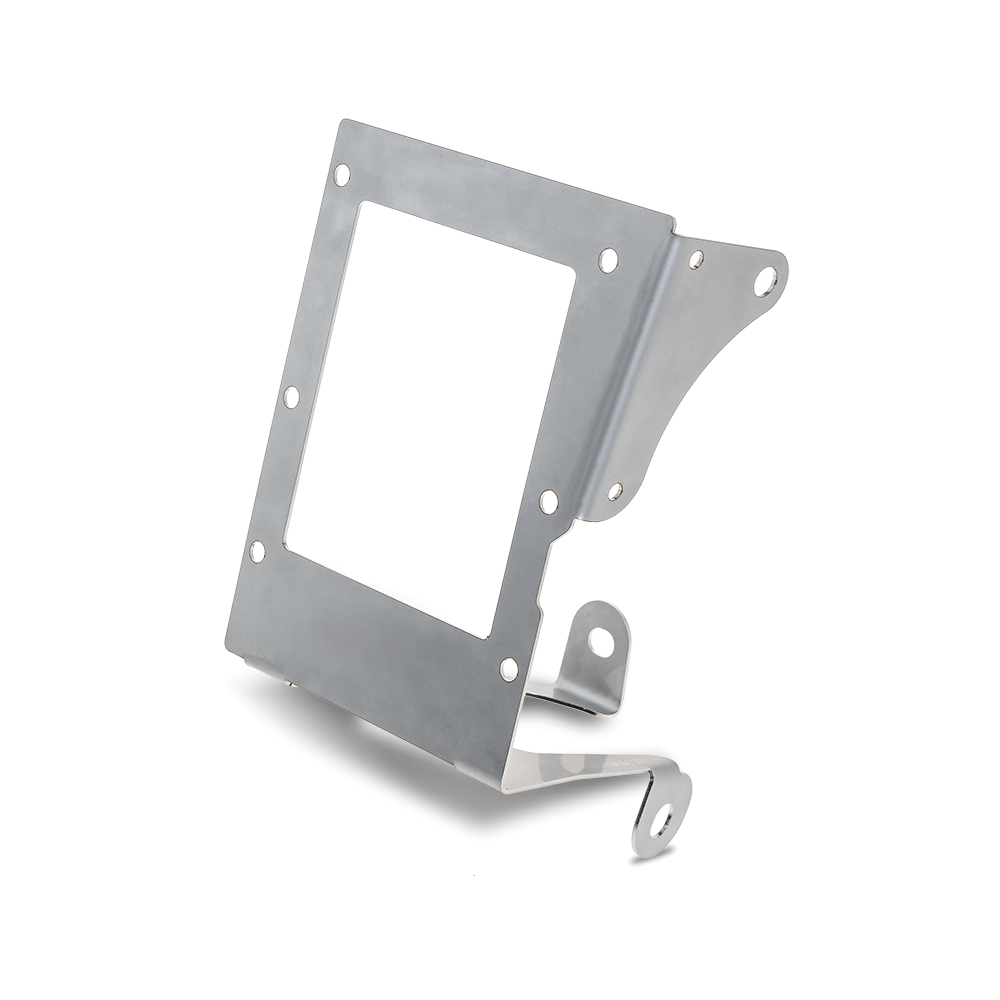 Stainless Redarc mounting bracket at an angle, the plate with a rectangular cut-out and a curved side wing, with two small tabs folded out along the lower edge