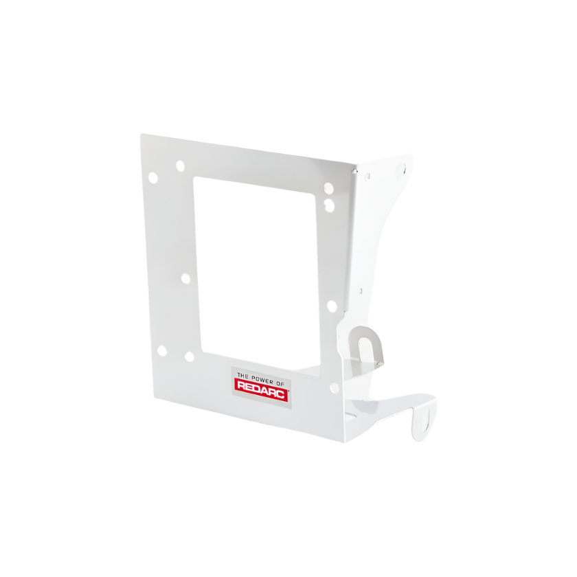 White powder-coated Redarc mounting bracket with a rectangular cut-out for the charger, a folded side wing with fixing holes and a hooked tab at the bottom edge