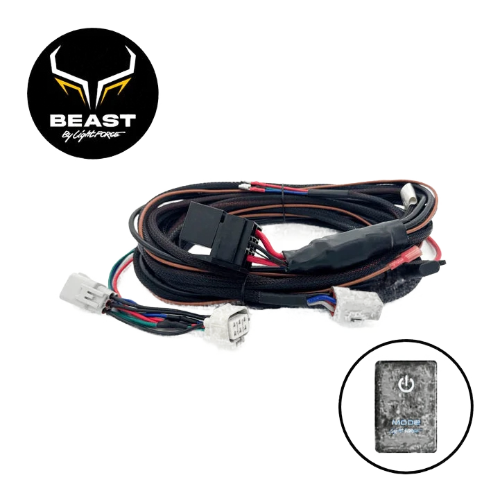 BEAST by Lightforce wiring harness coiled on white, with a relay in a black sleeve mid-loom, a multi-pin vehicle plug, two grey Deutsch lamp connectors, a white connector and battery tails, shown with the MODE touch switch inset
