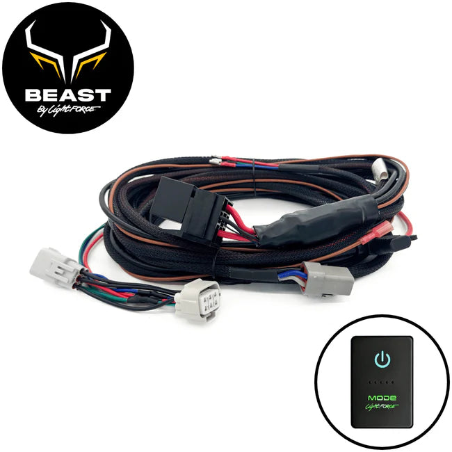 BEAST wiring harness with two white multi-pin connectors on green, blue and red leads at one end and a grey Deutsch connector at the other, with the MODE touch switch inset