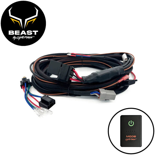 BEAST wiring harness with a white multi-pin plug and a black connector on coloured leads at one end and a grey Deutsch connector at the other, with the MODE touch switch inset