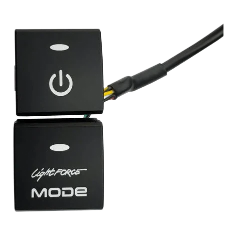 Two-position Lightforce switch blank set, an upper button with a power symbol and a lower blank carrying the Lightforce MODE name, with the wiring loom leaving the back